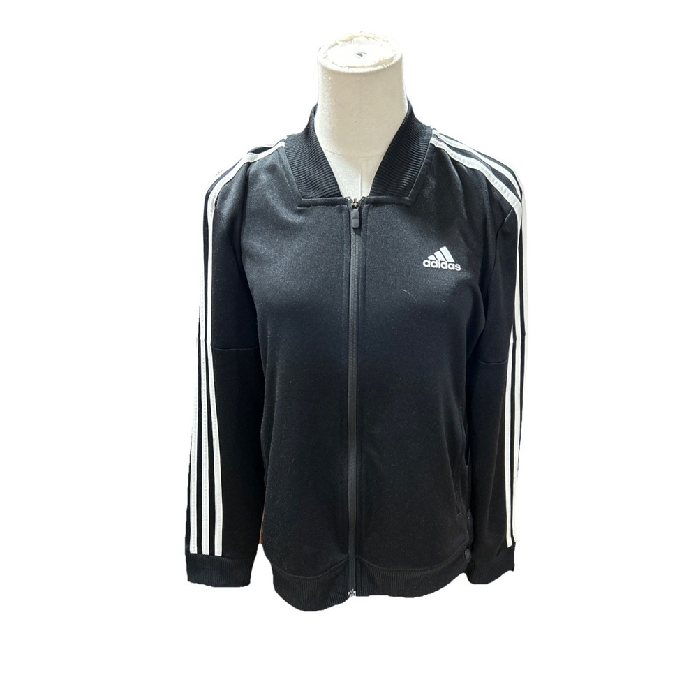 Adidas Womens Track Jacket Medium Black Running Full Zip Long Sleeve Striped